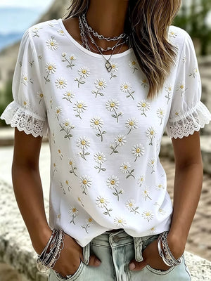White Plus Size Daisy Lace Puff Sleeve T-shirt