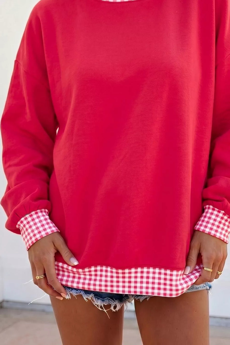 Scarlet with Colorblock Polka Dot Contrast Trim Oversized Sweatshirt