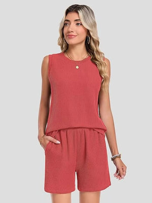 Red ribbed knit sleeveless top and pocketed shorts set.