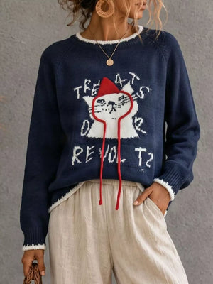 white pullover sweater featuring contrast stitching and graphic-print