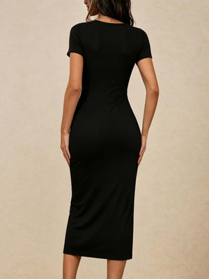 Black fitted bodycon dress with v-neck