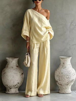 One Shoulder Top And Wide Leg Pants Set in Yellow with pocketed