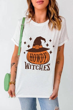 White cotton t-shirt with a witch hat pumpkin graphic and "Howdy Witches" text.