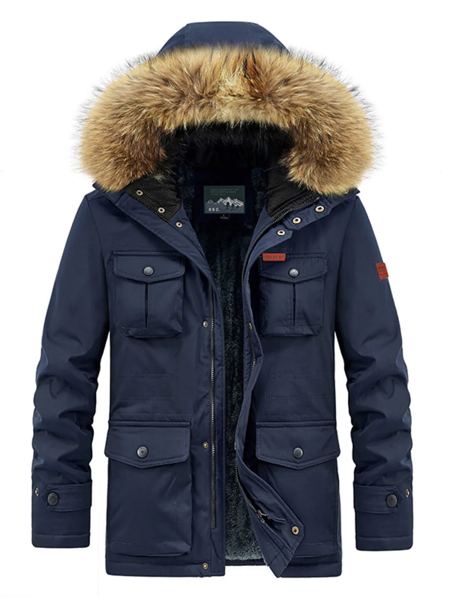 Dark blue parka with fur hood, multiple pockets, and fleece lining.