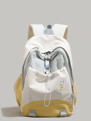 Nylon drawstring backpack with multiple pockets, featuring yellow and cream color blocking and star patches.