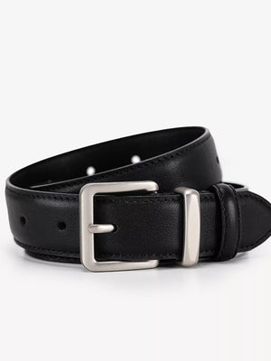 Black leather belt with an elegant silver buckle and stitched detail.