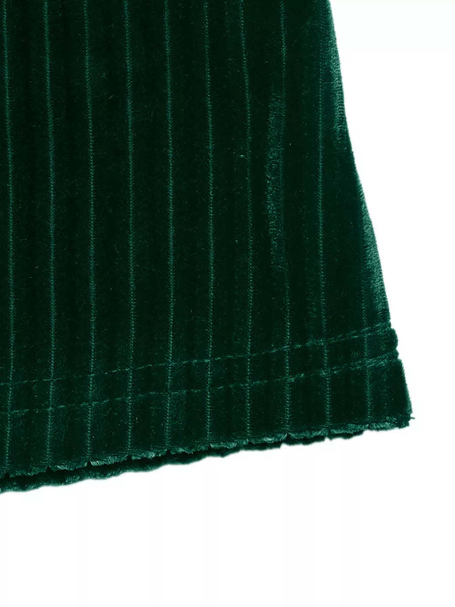 Ribbed Keyhole Long Sleeve Mini Dress in Dark Green with buttoned