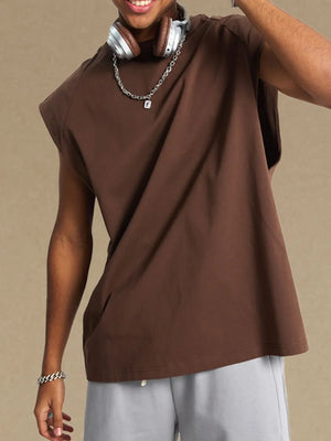 Brown raglan shoulder sleeveless top with a relaxed fit.