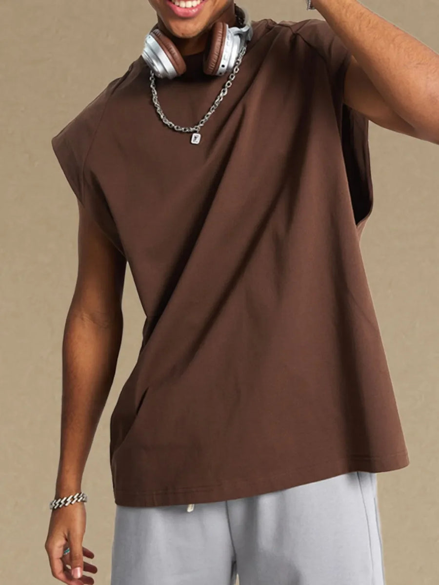 Brown raglan shoulder sleeveless top with a relaxed fit.