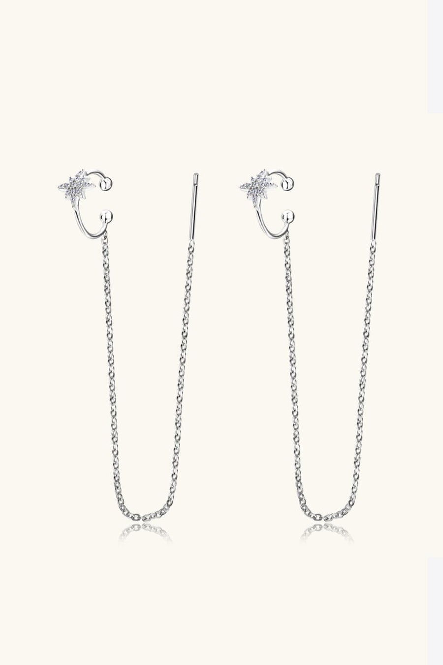 Silver moissanite starburst threader earrings with chain drop detail