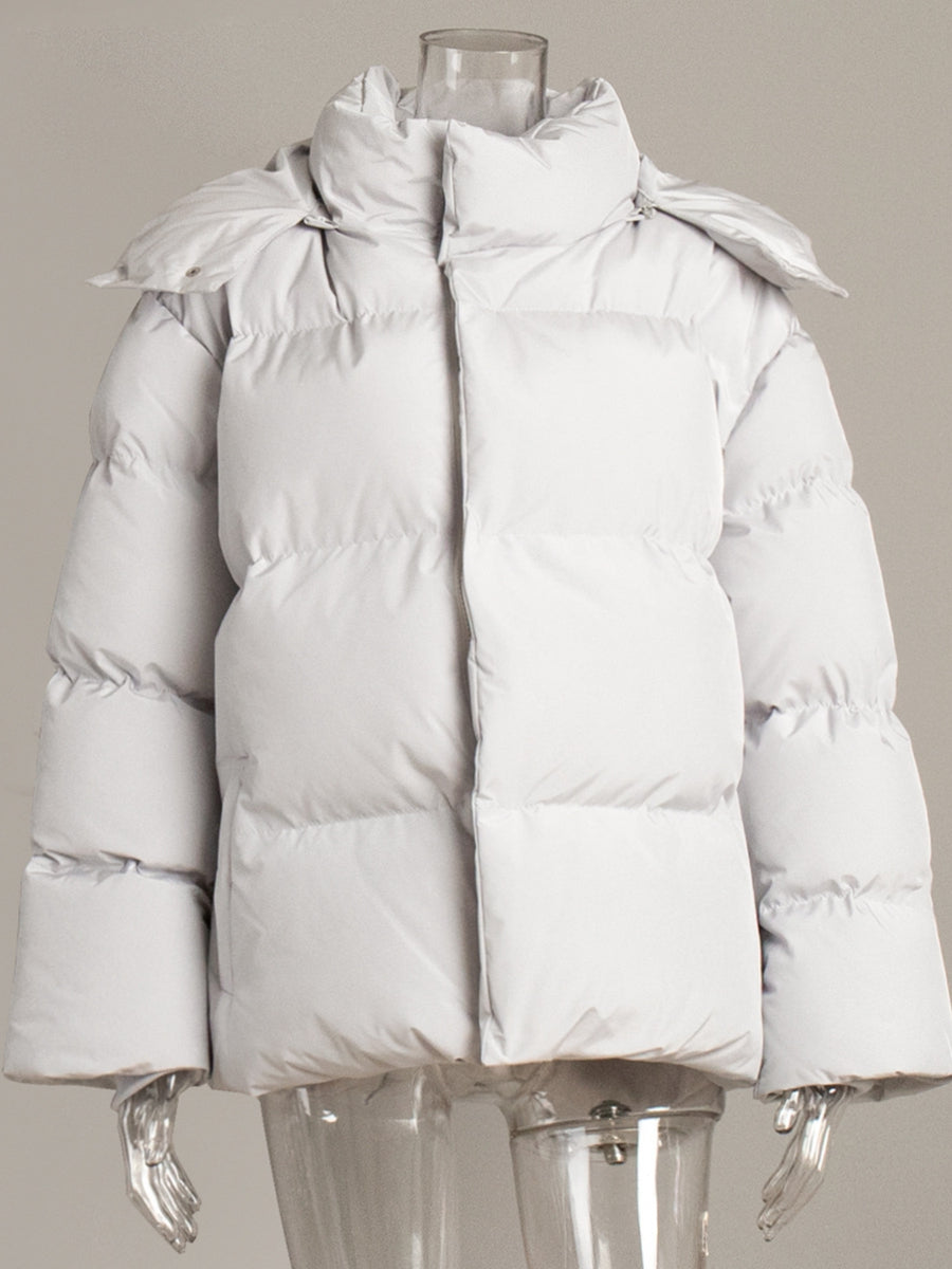 Light grey puffer jacket with a high neck and hood