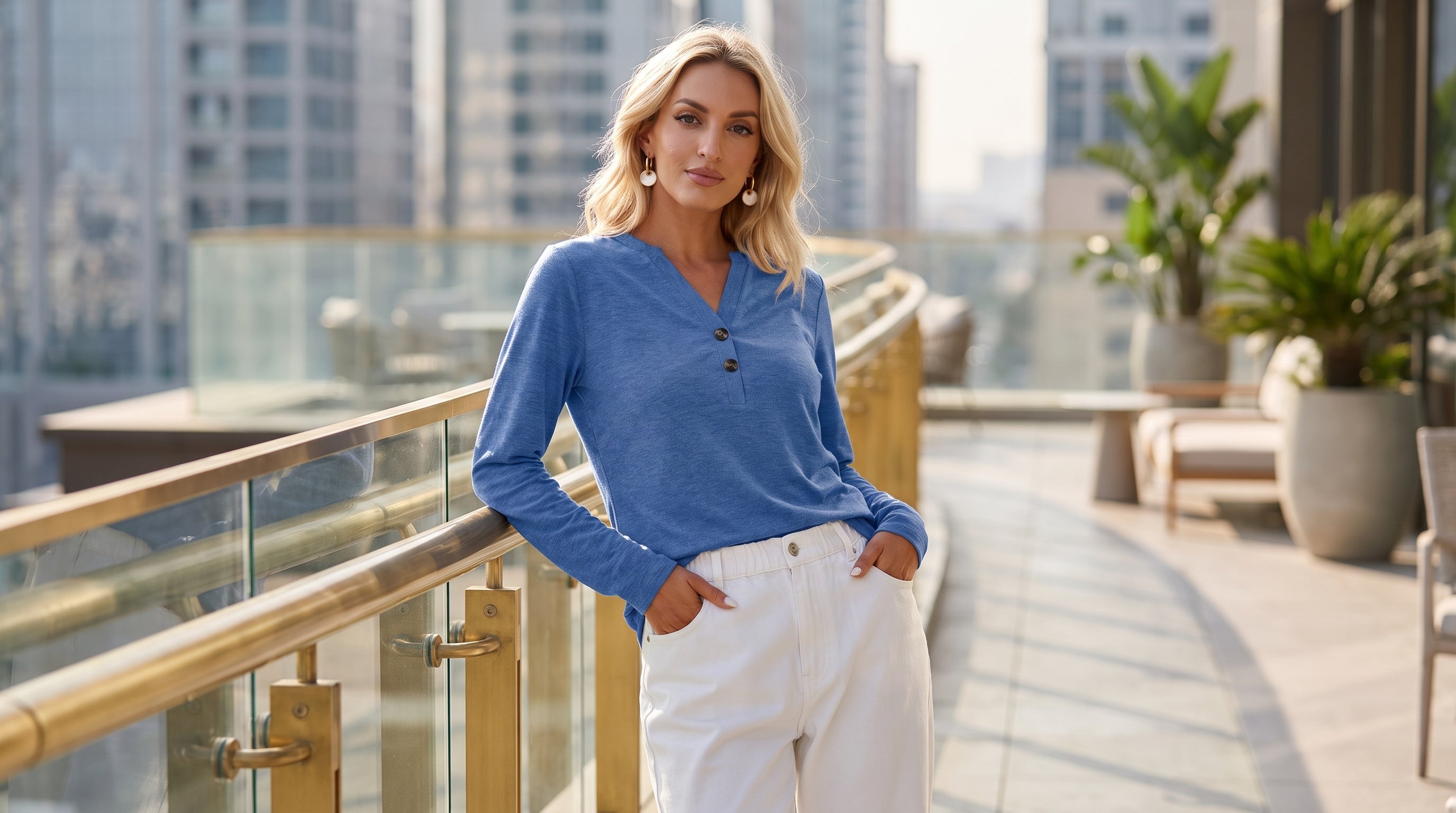 Effortless Office Style: Henley Knit Top and Denim