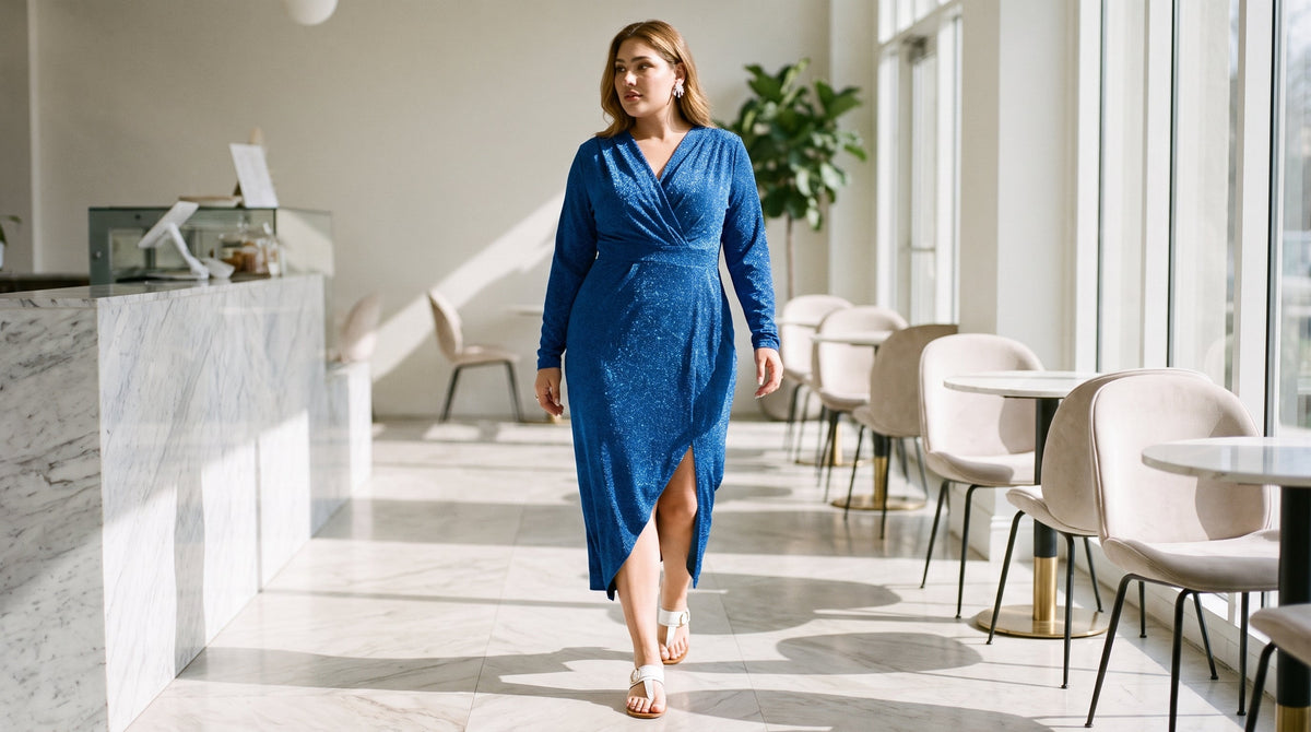 Master the Sapphire Shimmer Wrap Dress