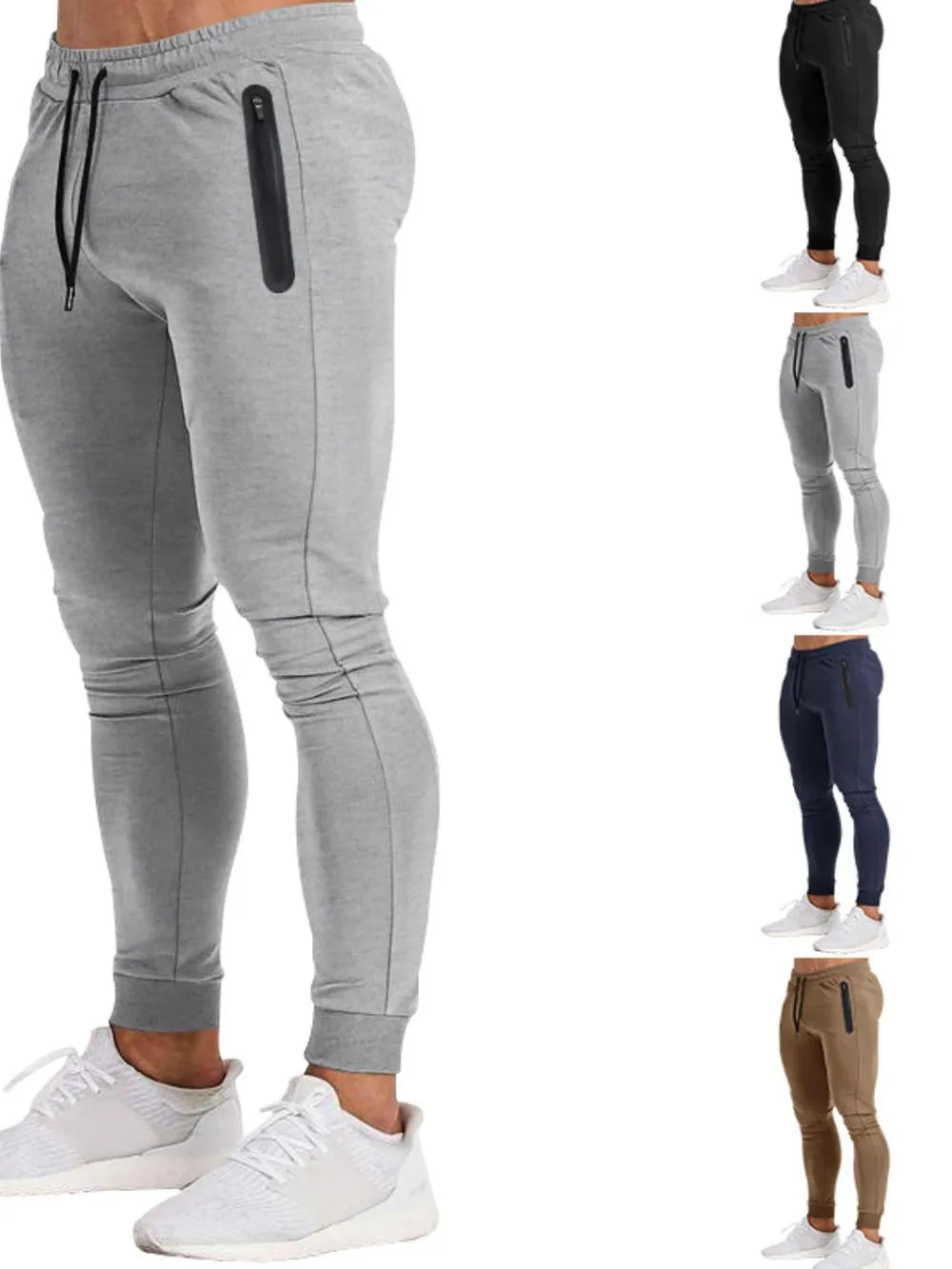 Slim fit joggers in gray with zip pocket and drawstring waist
