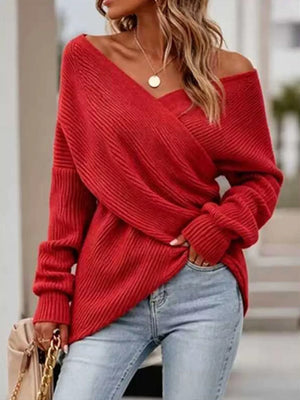 Crisscross Ribbed Knit Long Sleeve Sweater in White
