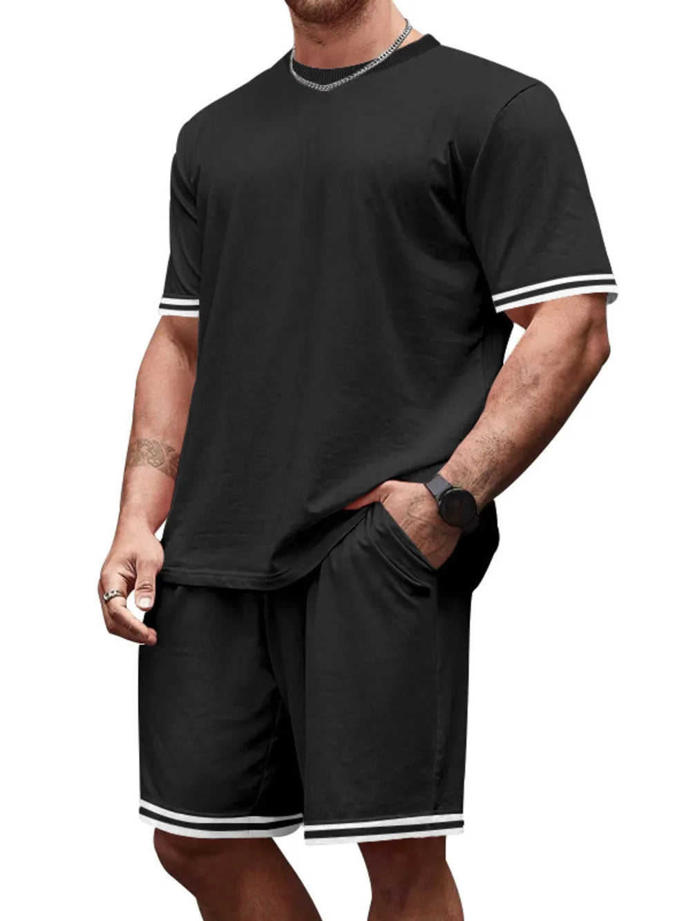 Black t-shirt and shorts set with white stripe trim on sleeves and hem.
