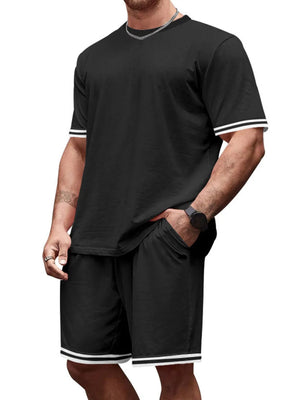 Black t-shirt and shorts set with white stripe trim on sleeves and hem.