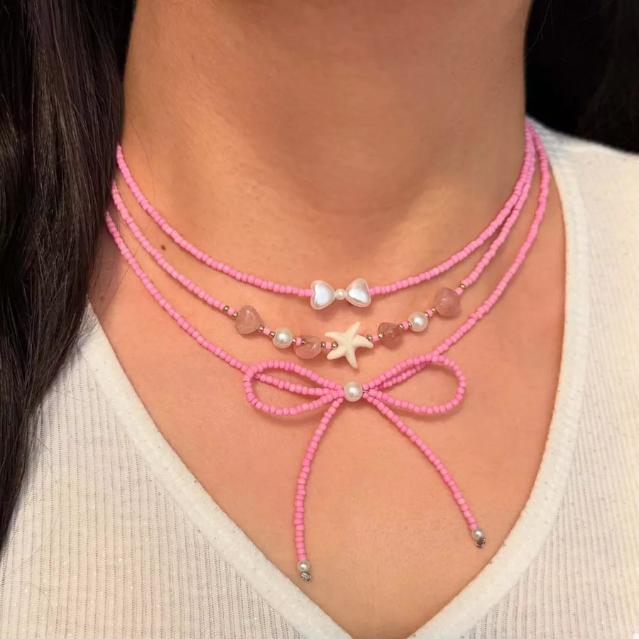 18k Gold-plated Beaded Three-layered Necklace in Fuchsia Pink with three-layered