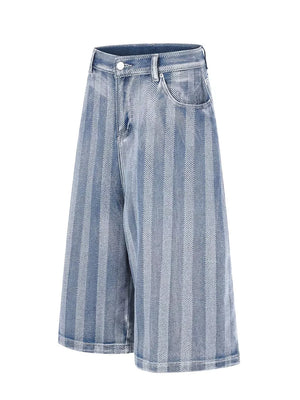 Men's Stripe Wide Leg Denim Capris in Blue