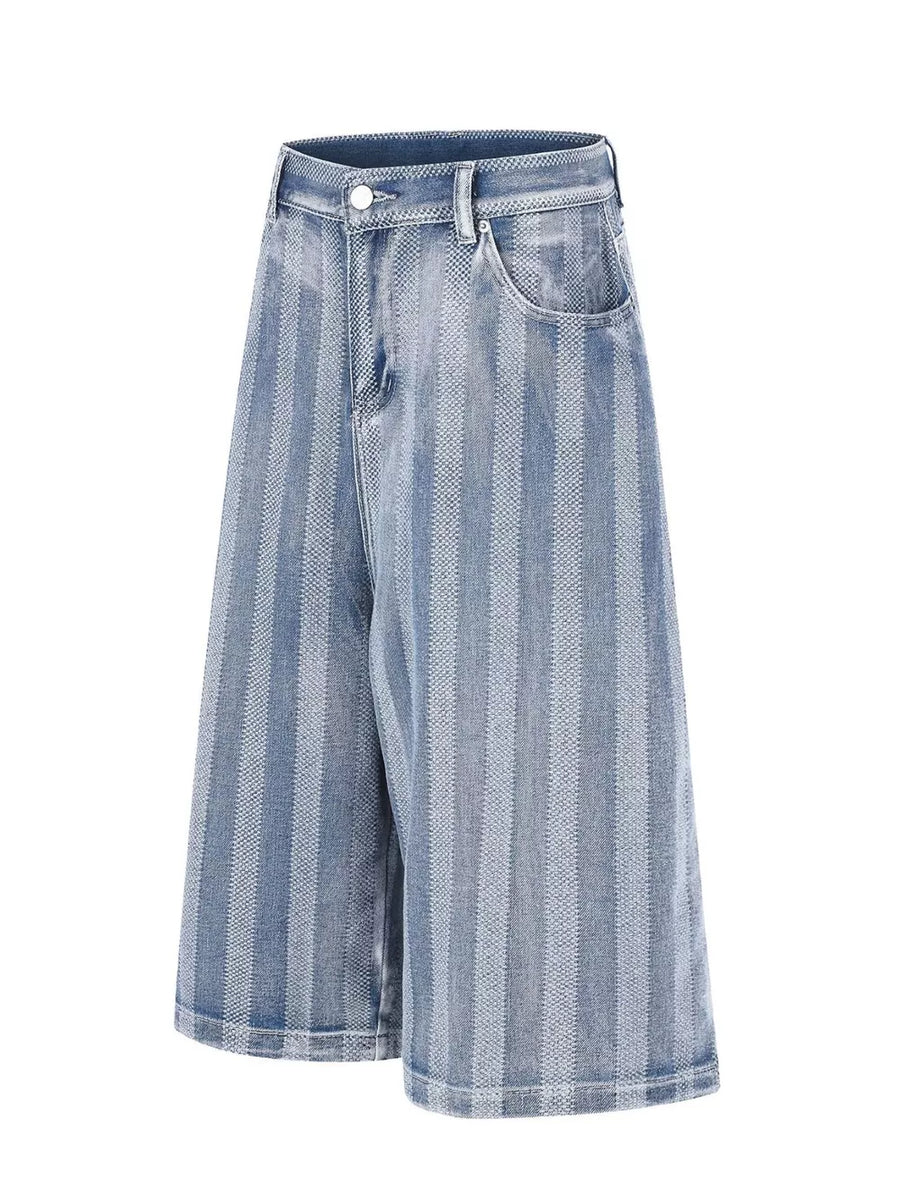 Men's Stripe Wide Leg Denim Capris in Blue