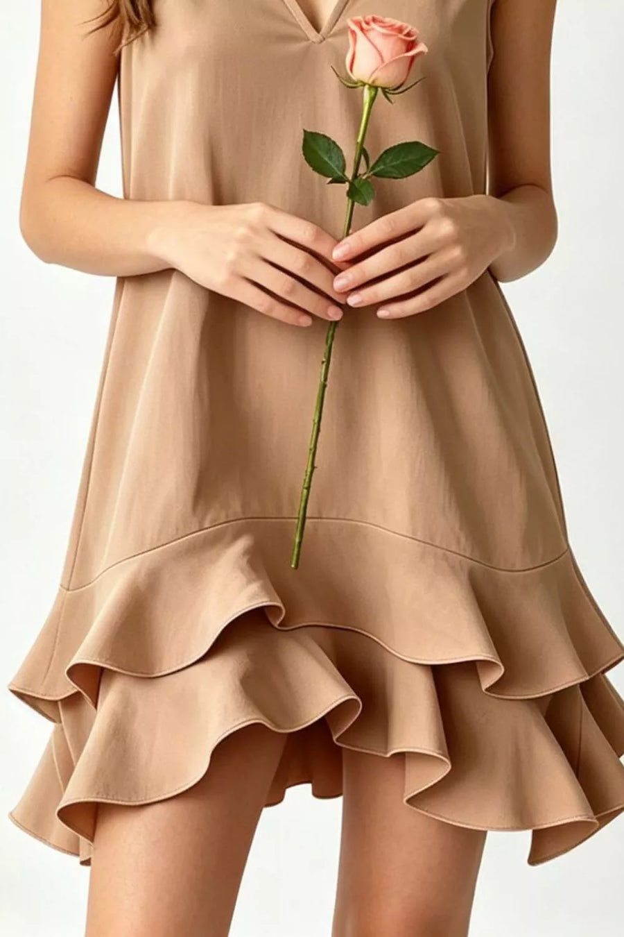 Tiered ruffle hem mini dress in taupe with V-neck and sleeveless cut.