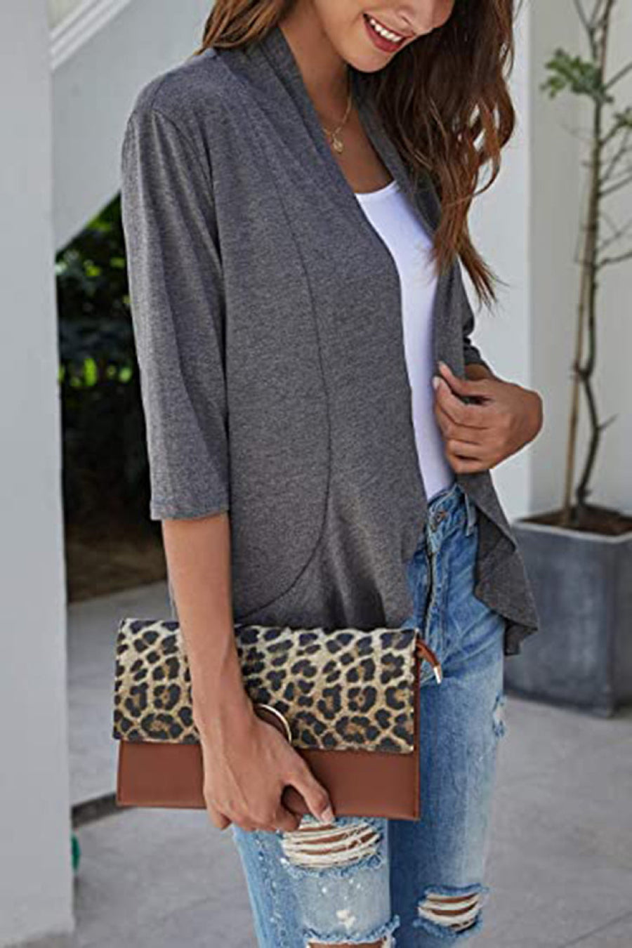 Dark Gray waterfall cardigan with asymmetric hemline and 3/4 sleeves, worn open over a white tank top.