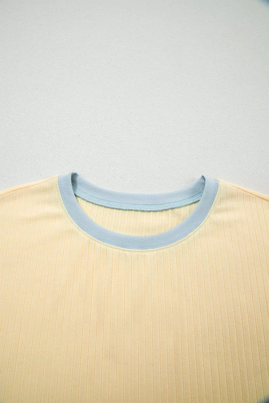Ribbed cotton crew neck top in yellow with light blue trim