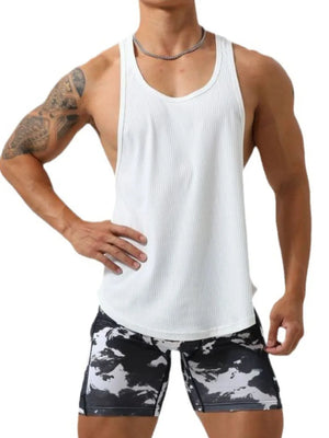White ribbed racerback tank top for him with a scoop neck.