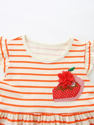 Toddler dress with orange stripes, ruffled cap sleeves, and a cupcake applique with a red flower.