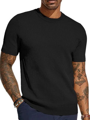 Black textured knit crewneck tee with short sleeves and a relaxed fit.