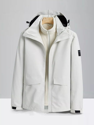 White hooded waterproof jacket with zip-out fleece liner and two front pockets.