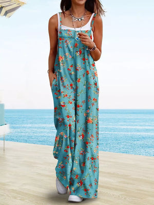 Green Floral Print, Floral Print Wide Leg Spaghetti Strap Overalls in Green Floral Print