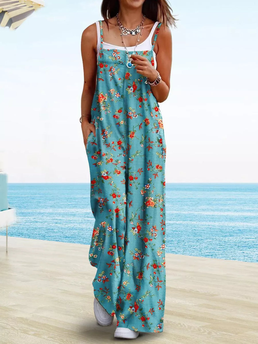 Green Floral Print, Floral Print Wide Leg Spaghetti Strap Overalls in Green Floral Print