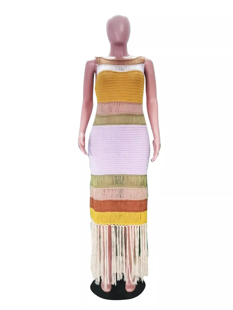 Maxi dress with color block crochet and fringe detail, sleeveless, scoop neck.