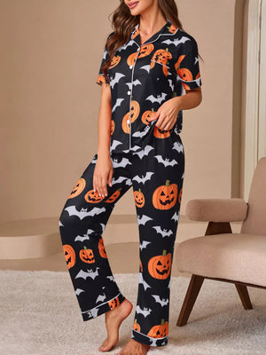 orange relaxed pajama set with collared