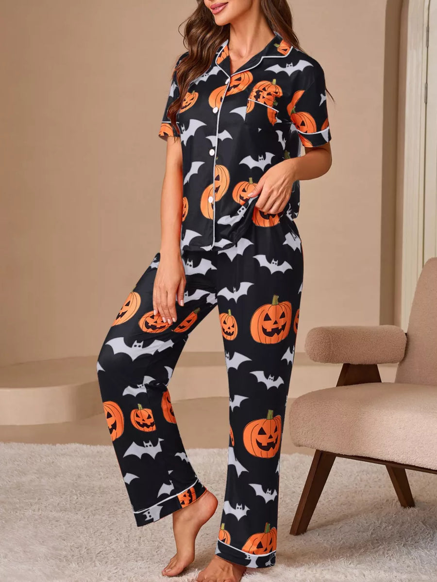 orange relaxed pajama set with collared