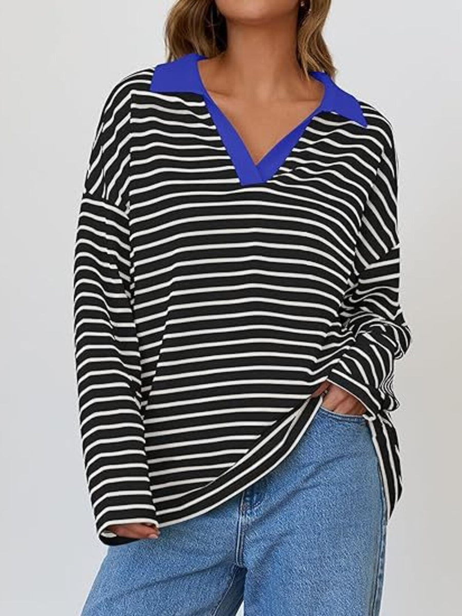 Oversized striped long-sleeve sweatshirt with a blue collar and V-neck