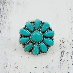 Turquoise blossom statement ring with alloy setting and teardrop stones.