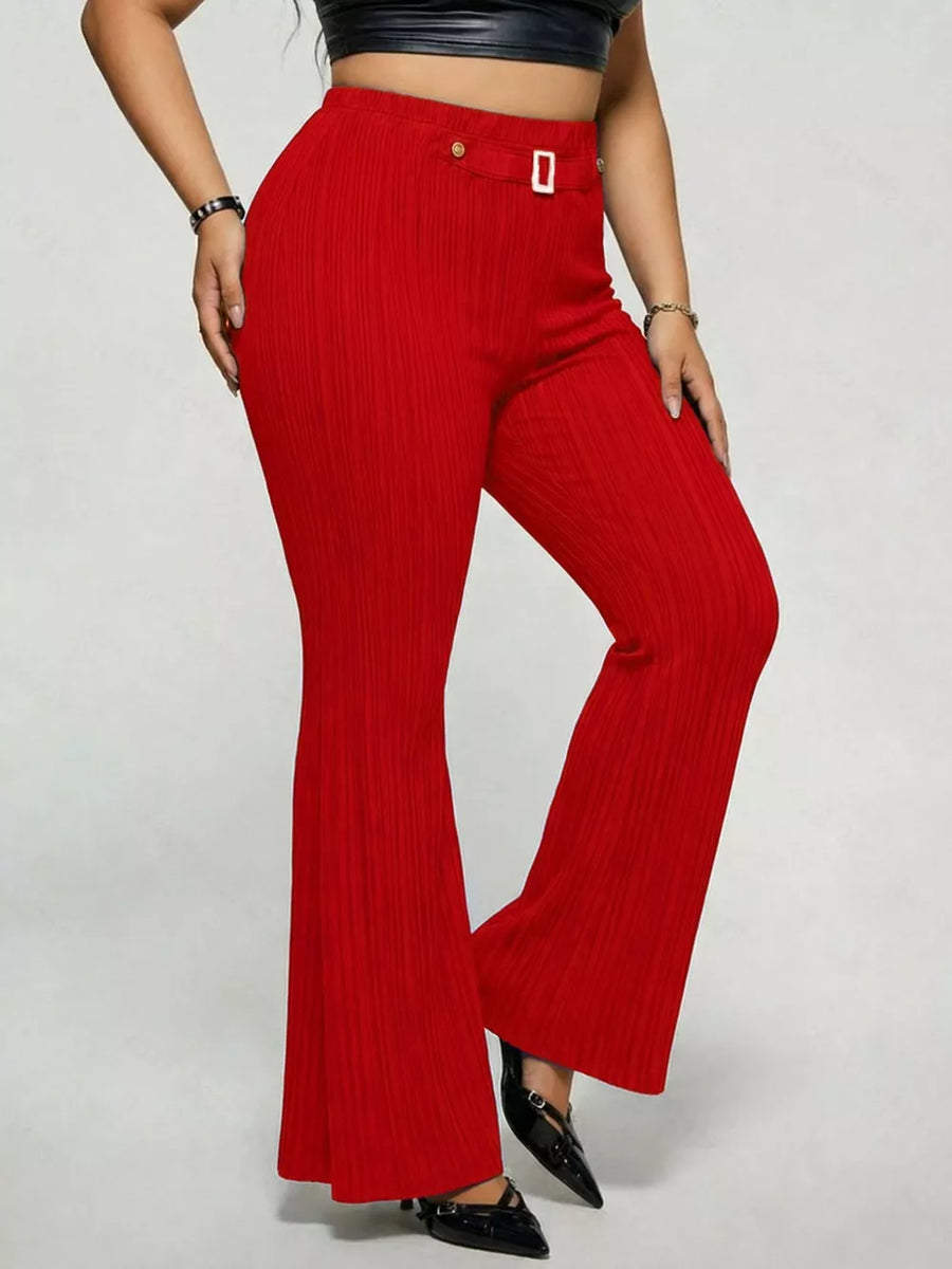 Ribbed high-waist flare trousers in Deep Red with a decorative buckle detail.