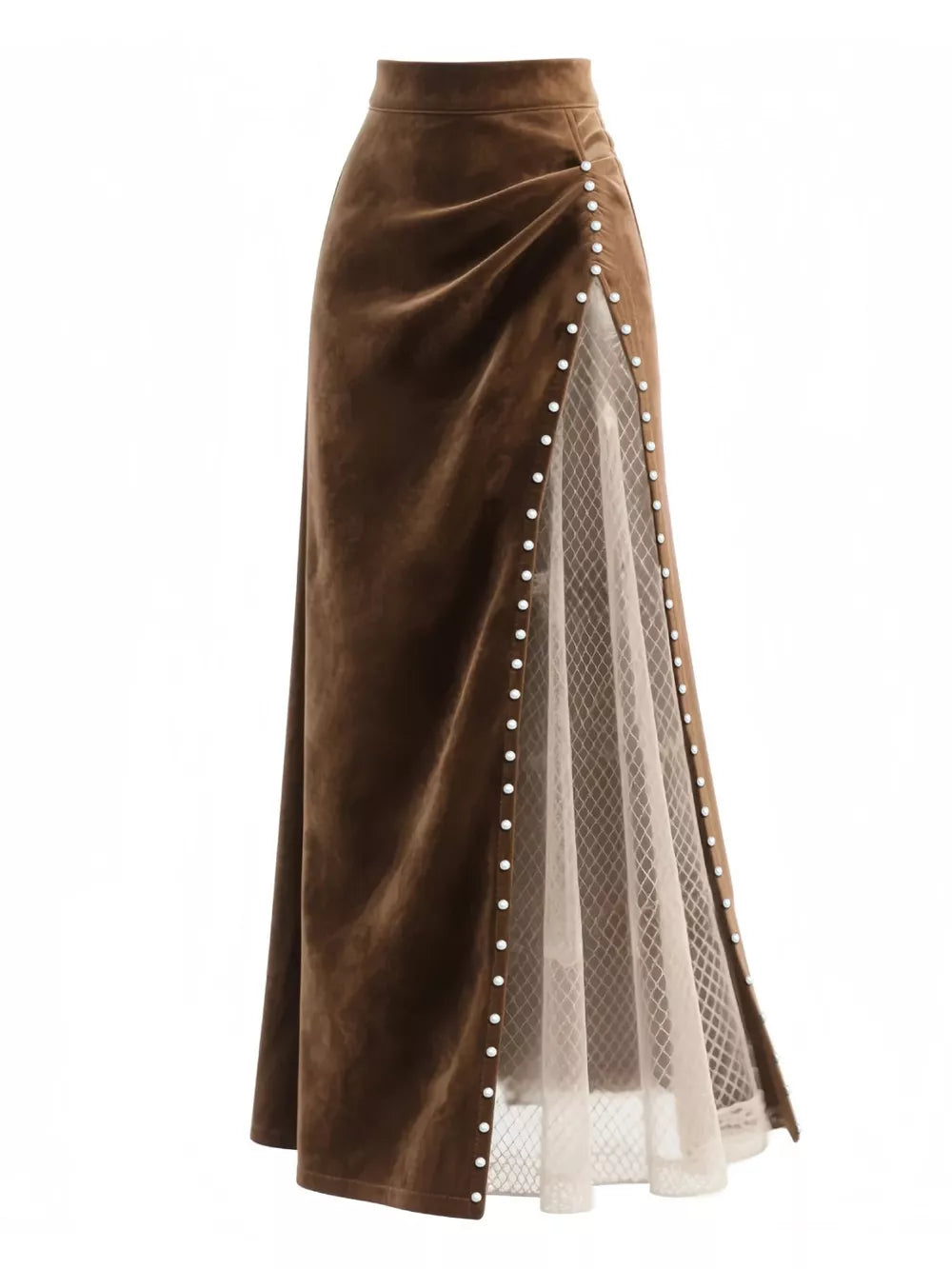 Dark brown velvet maxi skirt with pearl trim and sheer lace panel