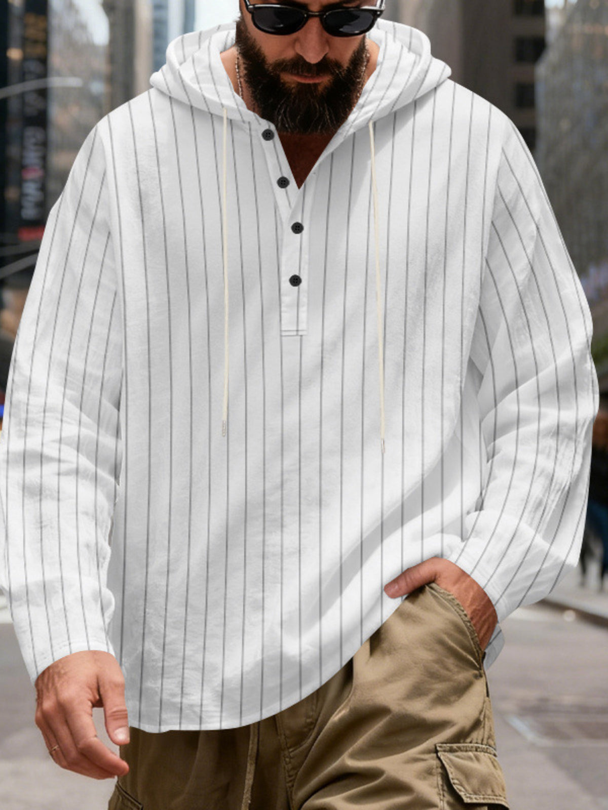 white pullover hoodie with striped and hooded