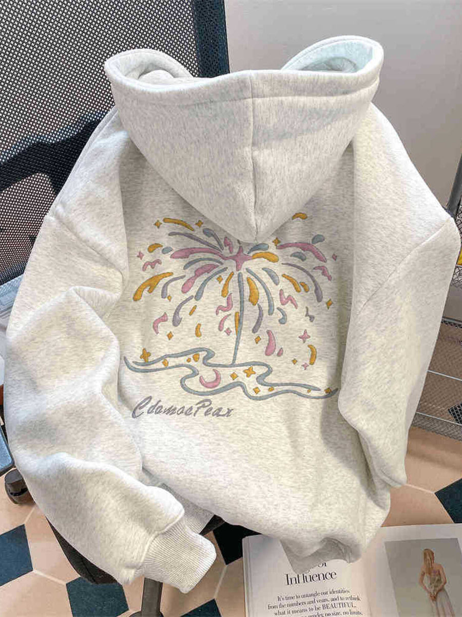 light gray pullover hoodie with graphic-print and hooded