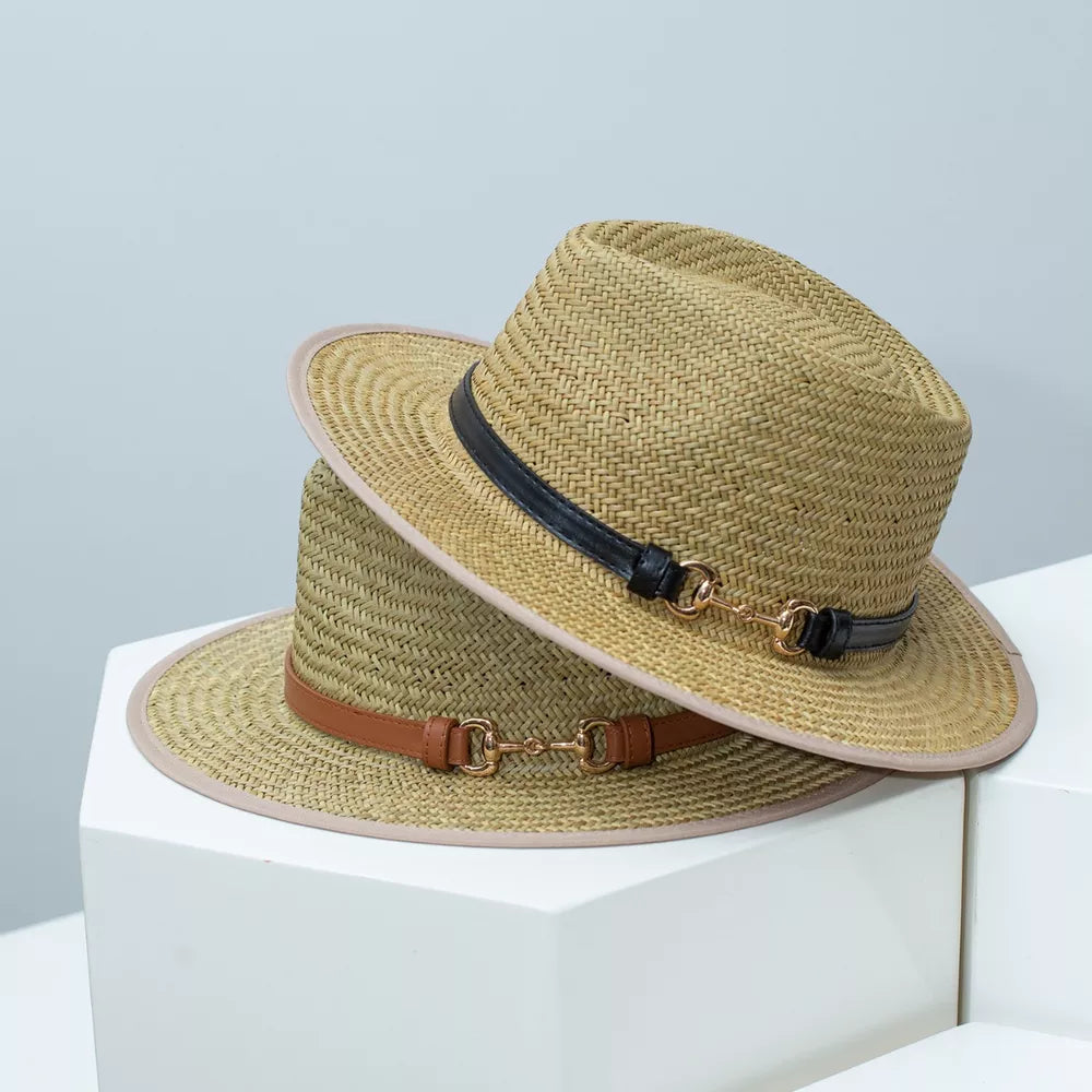 Woven fedora hat with decorative band and gold buckle detail