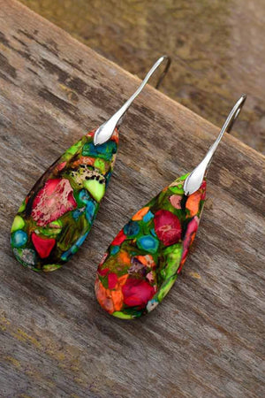 Teardrop jasper drop earrings with colorful mosaic pattern and silver hooks.
