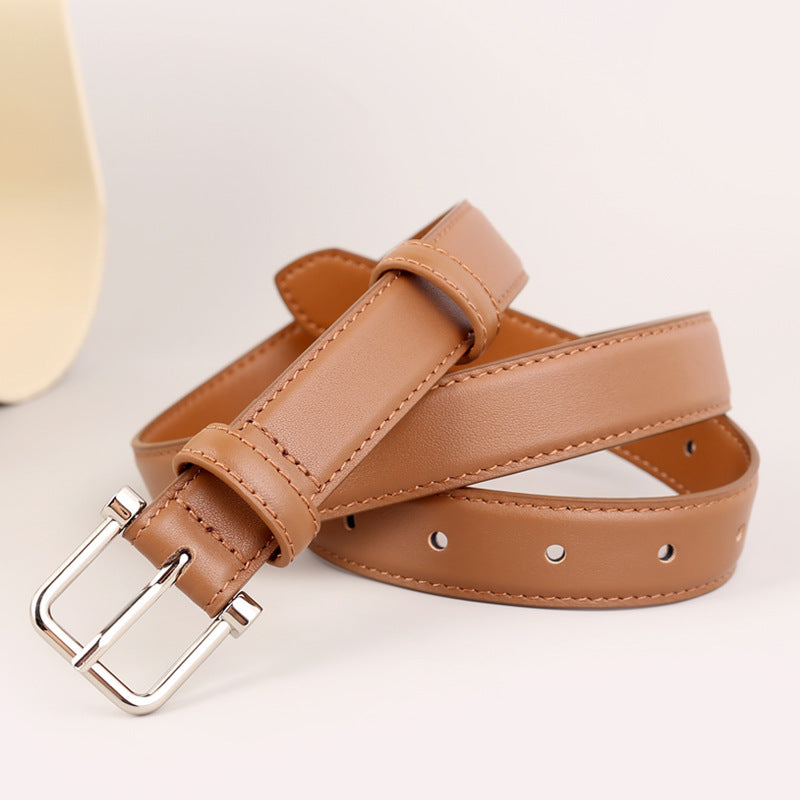 Classic caramel cowhide leather belt with silver buckle and stitched detail
