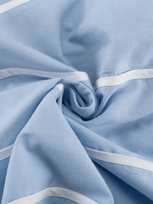 Light blue linen blend fabric with white trim detail.
