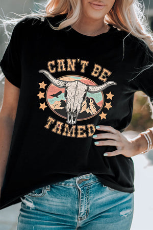 Black graphic tee with bull skull and "Can't Be Tamed" text.