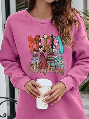Dusty Purple extended hemline sweatshirt with Merry Christmas graphic and festive trees.