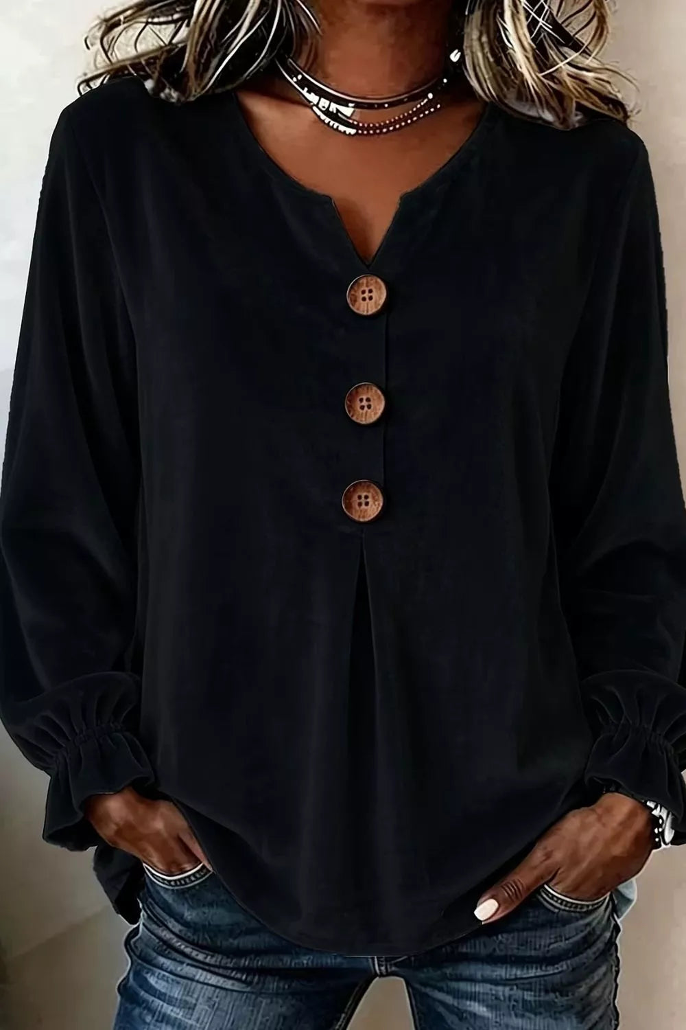 Black with Velvet Button Decor Blouse With Ruffled Cuffs