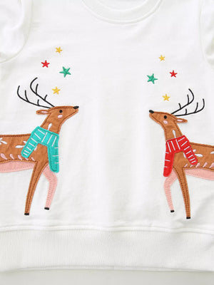 White cotton sweatshirt with embroidered reindeer and stars detail